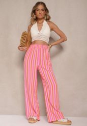 Pomarańczowe Bawełniane Muślinowe Spodnie Szerokie High Waist w Paski Mavirise. Brązowe jeansy Renee, bez wzorów, z bawełny, boho, z podwyższonym stanem. W wyprzedaży za 91.99 zł.