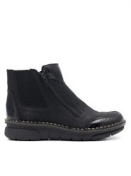 Rieker Botki 73355-00 Czarny. Czarne botki Rieker, bez wzorów, bez obcasa, na płaskiej podeszwie, bez zapięcia. Za 349.99 zł.