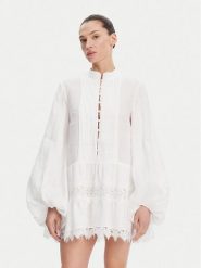 BARDOT Sukienka letnia Antonia Lace Trim 59849DB Biały Relaxed Fit. Białe sukienki Bardot, bez wzorów, ze lnu, bez kołnierzyka, bez ramiączek. Za 669.99 zł.