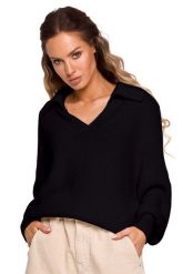 Sweter w Szpic z Kołnierzykiem - Czarny. Czarne swetry MOE, l, bez wzorów, z materiału, bez ramiączek. Za 228.90 zł.