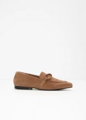 Loafersy ze skóry welurowej. Brązowe baleriny bonprix, bez wzorów, ze skóry, bez obcasa, bez zapięcia. Za 239.99 zł.