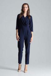 Kombinezon z Kopertowym Dekoltem - Granatowy. Niebieskie kombinezony Figl, l, bez wzorów, z materiału, eleganckie, bez kołnierzyka, bez ramiączek. Za 309.00 zł.
