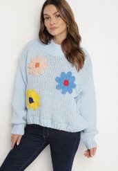 Jasnoniebieski Sweter z Wiskozą Ozdobiony Kwiatami 3D Alabine. Niebieskie swetry Born2be, l, bez wzorów, z jeansu, bez ramiączek. W wyprzedaży za 93.49 zł.