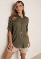 Ciemnozielona Koszula Casual z Wiskozą i Lnem z Rękawami 3/4 Linyana. Zielone koszule Born2be, l, bez wzorów, z jeansu, casualowe, bez kołnierzyka, bez ramiączek. Za 99.99 zł.
