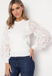 Biały Sweter z Falbankami na Rękawach Belpie. Białe swetry Born2be, bez wzorów, eleganckie, bez ramiączek. W wyprzedaży za 59.49 zł.