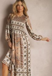 Beżowa Sukienka Maxi Boho z Bufiastym Rękawem i Rozkloszowanym Dołem Veltiana. Brązowe sukienki Renee, na co dzień, l, bez wzorów, z materiału, boho, bez kołnierzyka, bez ramiączek, maxi, kopertowe. W wyprzedaży za 119.99 zł.