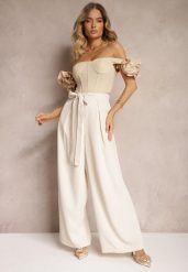 Beżowe Eleganckie Spodnie w Garniturowym Stylu High Waist Ozdobione Paskiem w Talii Wenelsea. Brązowe jeansy Renee, l, bez wzorów, z jeansu, biznesowe, z podwyższonym stanem, długie. W wyprzedaży za 95.99 zł.