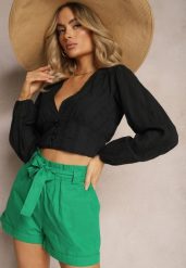 Zielone Szorty High Waist Wiązane w Pasie Gilalilena. Zielone szorty Renee, bez wzorów, z materiału, eleganckie. W wyprzedaży za 39.99 zł.