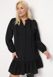 Czarna Koszulowa Sukienka Mini z Falbanką Brindel. Czarne sukienki Born2be, m, bez wzorów, bez kołnierzyka, bez ramiączek, mini, koszulowe. W wyprzedaży za 84.99 zł.