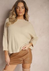 Beżowy Sweter z Wełną z Alpaki i Krótszym Rękawem Irissania. Brązowe swetry Renee, bez wzorów, z wełny, casualowe, bez ramiączek. W wyprzedaży za 151.99 zł.