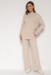 Beżowy Dzianinowy Komplet z Bawełną i Wełną Długi Sweter i Szerokie Spodnie Reinesa. Brązowe swetry Born2be, l, bez wzorów, z bawełny, bez ramiączek. Za 139.99 zł.