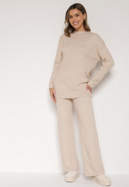 Beżowy Dzianinowy Komplet z Bawełną i Wełną Długi Sweter i Szerokie Spodnie Reinesa. Brązowe swetry Born2be, l, bez wzorów, z bawełny, bez ramiączek. Za 139.99 zł.