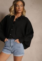 Czarna Koszula z Wiskozą w Stylu Nietoperza Sonarielia. Czarne koszule Renee, bez wzorów, z wiskozy, eleganckie, bez kołnierzyka, bez ramiączek. W wyprzedaży za 67.99 zł.