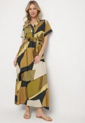 Zielona Sukienka Rozkloszowana z Wiskozy w Geometryczny Wzór z Paskiem Ranislla. Zielone sukienki Born2be, na co dzień, l, bez wzorów, z wiskozy, eleganckie, bez kołnierzyka, bez ramiączek, maxi, rozkloszowane. Za 79.99 zł.