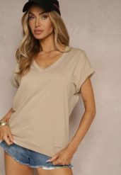 Beżowy Bawełniany T-shirt z Dekoltem w Serek Lireave. Brązowe t-shirty Renee, l, bez wzorów, z bawełny, bez kołnierzyka, bez ramiączek. W wyprzedaży za 39.99 zł.