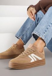 Ciemnobeżowe Sneakersy Tenisówki na Platformie z Tłoczeniem i Geometrycznym Motywem Kialie. Brązowe trampki Renee, bez wzorów, eleganckie, bez zapięcia. Za 89.99 zł.