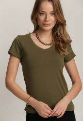Ciemnozielony T-shirt Adranna. Zielone t-shirty Renee, l, bez wzorów, z bawełny, bez kołnierzyka, bez ramiączek. W wyprzedaży za 23.99 zł.