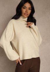 Jasnobeżowy Golf Ozdobiony Ściągaczami Wedena. Brązowe swetry Renee, l, bez wzorów, z jeansu, bez ramiączek. Za 79.99 zł.