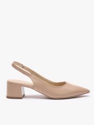 Beżowe czółenka bez pięty slingback na słupku. Brązowe czółenka Ryłko, bez wzorów, z gumy, eleganckie, bez obcasa, na obcasie, bez zapięcia. Za 379.99 zł.