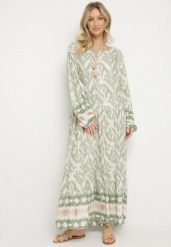 Zielona Sukienka Rozkloszowana z Ozdobnym Wiązaniem w Boho Wzór Erainea. Zielone sukienki Born2be, na co dzień, l, z aplikacjami, z jeansu, boho, bez kołnierzyka, bez ramiączek, maxi, proste. W wyprzedaży za 72.24 zł.