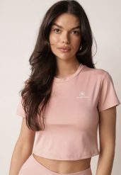 Różowy Krótki T-shirt w Stylu Basic z Minimalistycznym Nadrukiem Orithana. Czerwone t-shirty sportowe Born2be, l, bez wzorów, z jeansu, bez ramiączek. Za 29.99 zł.