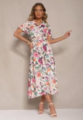 Jasnobeżowa Koszulowa Sukienka w Kwiaty o Rozkloszowanym Fasonie z Paskiem Fevalirra. Brązowe sukienki Renee, na spotkanie biznesowe, m, bez wzorów, eleganckie, bez kołnierzyka, bez ramiączek, maxi, kopertowe. W wyprzedaży za 107.99 zł.