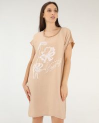 Beżowa sukienka z nadrukiem. Brązowe sukienki Unisono, l, bez wzorów, z bawełny, bez kołnierzyka, bez ramiączek, mini. Za 149.00 zł.