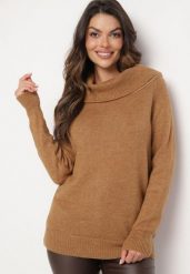 Brązowy Sweter z Wywiniętym Dekoltem Parira. Brązowe swetry Born2be, s, bez wzorów, eleganckie, bez ramiączek. W wyprzedaży za 93.49 zł.