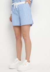 Niebieskie Szorty w Paski z Wysokim Stanem i Sznurkami Kiniriela. Niebieskie szorty Born2be, bez wzorów, eleganckie. Za 119.99 zł.
