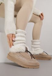 Ciemnobeżowe Śniegowce na Grubej Podeszwie z Futerkiem i Przeszciami Linafra. Brązowe śniegowce Born2be, bez wzorów, z jeansu, bez zapięcia. Za 99.99 zł.