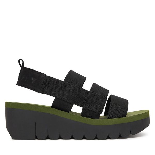 Sandały Fly London. Czarne sandały Fly London, bez wzorów, bez obcasa, na koturnie, bez zapięcia. Za 463.99 zł.