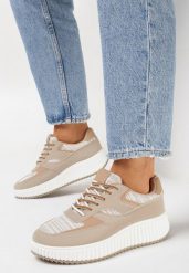 Ciemnobeżowe Sneakersy na Grubej Podeszwie Ozdobione Brokatem Evllina. Brązowe buty sportowe lifestyle Born2be, bez wzorów, sportowe, bez zapięcia. W wyprzedaży za 93.49 zł.