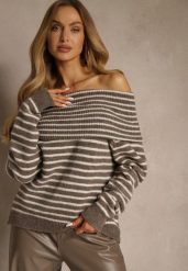 Jasnobrązowy Pasiasty Sweter z Domieszką Wełny i Wiskozy z Odkrytymi Ramionami Nelevia. Brązowe swetry Renee, bez wzorów, z dzianiny, casualowe, bez ramiączek. Za 139.99 zł.
