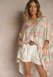 Różowa Koszula z Bawełną w Kwiatowy Wzór Linetiela. Czerwone koszule Renee, bez wzorów, z bawełny, eleganckie, bez kołnierzyka, bez ramiączek. W wyprzedaży za 83.99 zł.