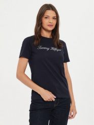 Tommy Hilfiger T-Shirt Script WW0WW43459 Granatowy Regular Fit. Niebieskie t-shirty Tommy Hilfiger, xl, bez wzorów, z bawełny, bez kołnierzyka, bez ramiączek. Za 129.99 zł.