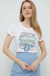Liu Jo t-shirt bawełniany kolor biały. Białe t-shirty Liu Jo, z aplikacjami, z bawełny, bez kołnierzyka, bez ramiączek. Za 359.99 zł.