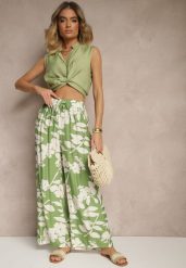Ciemnozielone Szerokie Spodnie z Wiskozy High Waist w Kwiatowy Wzór Elaneora. Zielone jeansy Renee, bez wzorów, z jeansu, eleganckie, z podwyższonym stanem. W wyprzedaży za 29.99 zł.