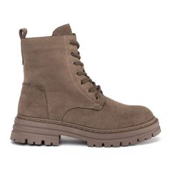 Brązowe sznurowane workery damskie Sergio Leone. Brązowe botki bez wzorów, bez obcasa, bez zapięcia. Za 245.97 zł.