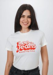DAMSKI T-SHIRT LEE SLIM LOGO TEE WHITE CANVAS L44CEPRR 112109812. Białe t-shirty Lee, l, bez wzorów, bez kołnierzyka, bez ramiączek. Za 69.99 zł.