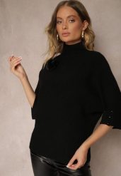 Czarny Nietoperzowy Golf z Wiskozą Zdobiony Futrzaną Broszką Jackisha. Czarne swetry Renee, na zimę, m, z aplikacjami, z futra, eleganckie, bez ramiączek. W wyprzedaży za 95.99 zł.