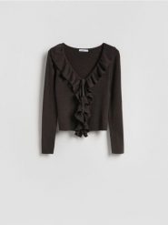 Sweter z falbanką - ciemnobrązowy. Brązowe swetry Reserved, l, bez wzorów, z dzianiny, bez ramiączek. Za 129.99 zł.