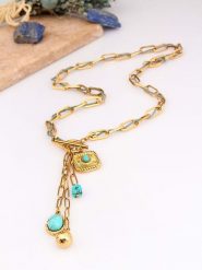 Charlize Pozłacany naszyjnik z turkusami - dł. 65 cm rozmiar: onesize. Żółte naszyjniki Charlize, z materiału, z turkusem, pozłacane. Za 122.38 zł.