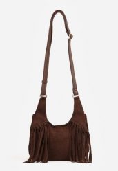 Brązowa Torebka w Stylu Boho z Imitacji Zamszu Ozdobiona Frędzlami na Długim Pasku na Ramię Megorre. Brązowe torebki klasyczne Renee, bez wzorów, z jeansu, boho, na ramię, bez dodatków. Za 119.99 zł.