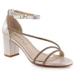 Sandały damskie na słupku z cyrkoniami złote Sabatina 730-1. Żółte sandały Sabatina, bez wzorów, z materiału, bez obcasa, na słupku, bez zapięcia. Za 169.99 zł.