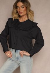 Czarna Koszula z Bawełny w Stylu Retro z Wiązaniem i Kołnierzykiem z Falbankami Firsela. Czarne koszule Renee, z aplikacjami, z bawełny, klasyczne, bez kołnierzyka, bez ramiączek. W wyprzedaży za 83.99 zł.