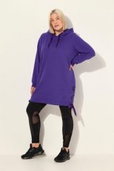 Damskie Długa bluza z kapturem tasiemka satynowa kaptur długi rękaw. Fioletowe bluzy Ulla Popken, plus size, bez wzorów, z bawełny, bez ramiączek, z kapturem. Za 279.99 zł.