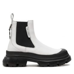 Sztyblety KARL LAGERFELD. Białe botki KARL LAGERFELD, bez wzorów, bez obcasa, na płaskiej podeszwie, bez zapięcia. Za 639.99 zł.
