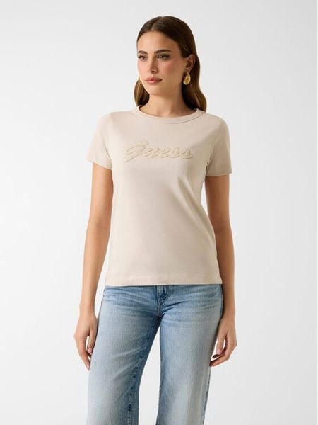 Guess T-Shirt W6GI08 K3023 Beżowy Regular Fit. Brązowe t-shirty Guess, xs, z aplikacjami, z bawełny, bez kołnierzyka, bez ramiączek. Za 147.99 zł.