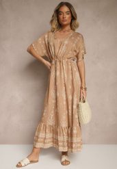 Ciemnobeżowa Rozkloszowana Sukienka z Falbanką w Print Boho z Wiskozą Tunova. Brązowe sukienki Renee, na co dzień, l, bez wzorów, z wiskozy, boho, bez kołnierzyka, bez ramiączek, maxi, rozkloszowane. W wyprzedaży za 67.99 zł.