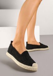 Czarne Espadryle Vices na Plecionej Podeszwie Zdobione Szydełkowym Tłoczeniem Finselina. Czarne espadryle Renee, z aplikacjami, eleganckie, bez obcasa. W wyprzedaży za 95.99 zł.